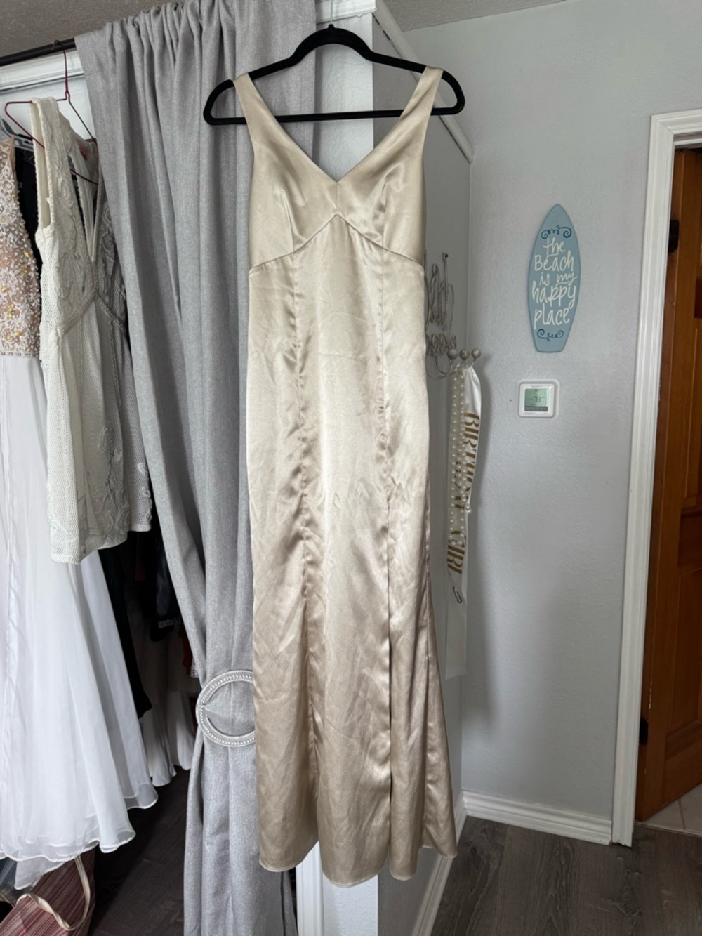 Champagne Birdy Grey Satin Maxi Gown Size XS